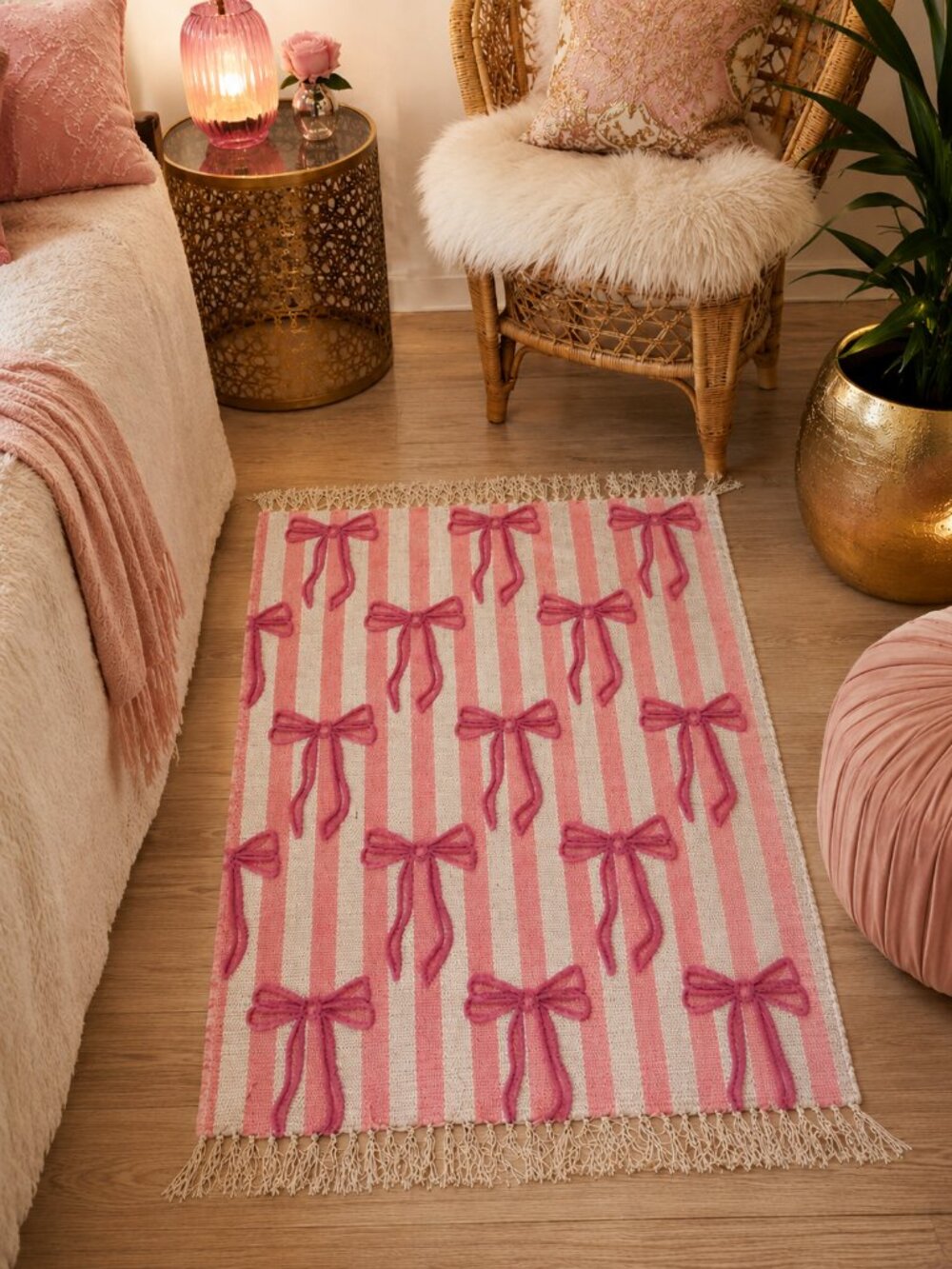 New Cottagecore Bow Embroidered Stripe Accent Rug 27”x42”- Pink